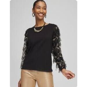 Chico’s Size M Black Knit Top Sheer Sequin Lace Long Sleeves Evening Chic